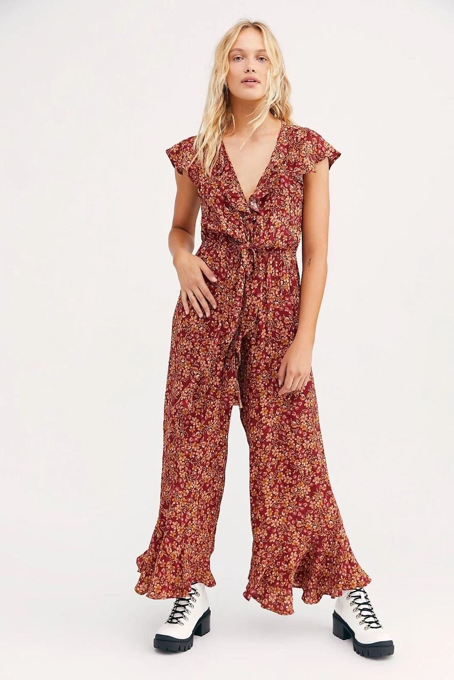 Free People x Kivari Quinn Jumpsuit Tie Front Flared Ruffle Retro Size Medium